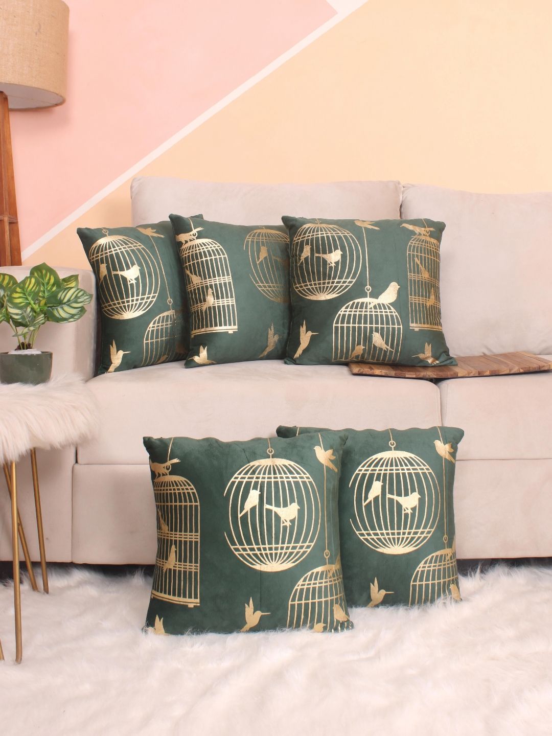 STITCHNEST Green & Gold-Toned 5 Pieces Quirky Velvet Square Cushion Covers
