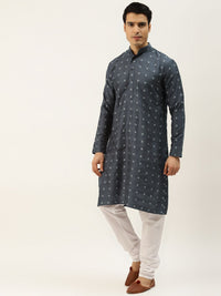 SOJANYA Kurta Motif Etnik Biru Laut Lelaki dengan Jaket Churidar & Nehru