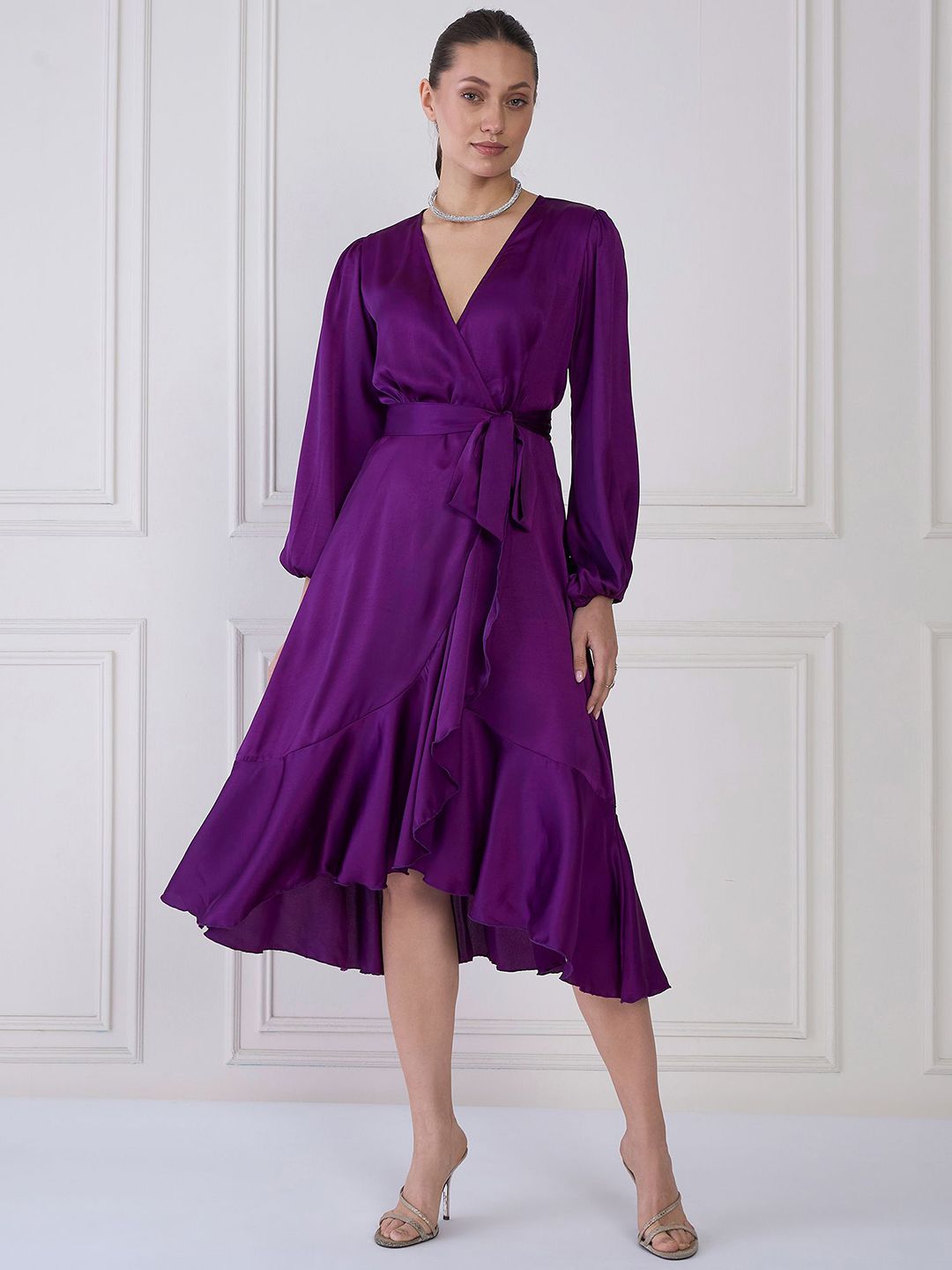 Antheaa Purple V-Neck Cuffed Sleeves Layered Satin Midi Wrap Dress