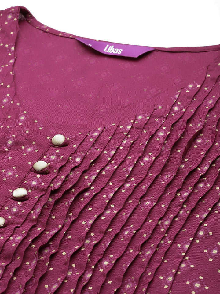 Libas Magenta & Beige Geometric Printed V-Neck Pleated Kurti