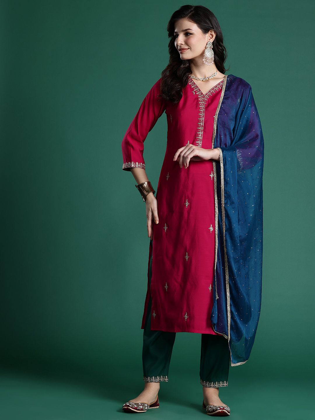 Indo Era Ethnic Motifs Embroidered Zari Kurta With Trousers & Dupatta