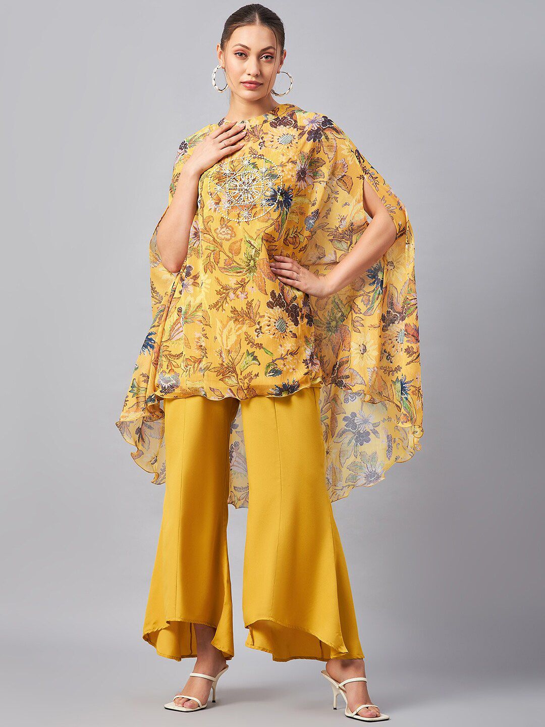 Antheaa Floral Printed Round Neck Tunic With Flared Palazzos Co-Ords