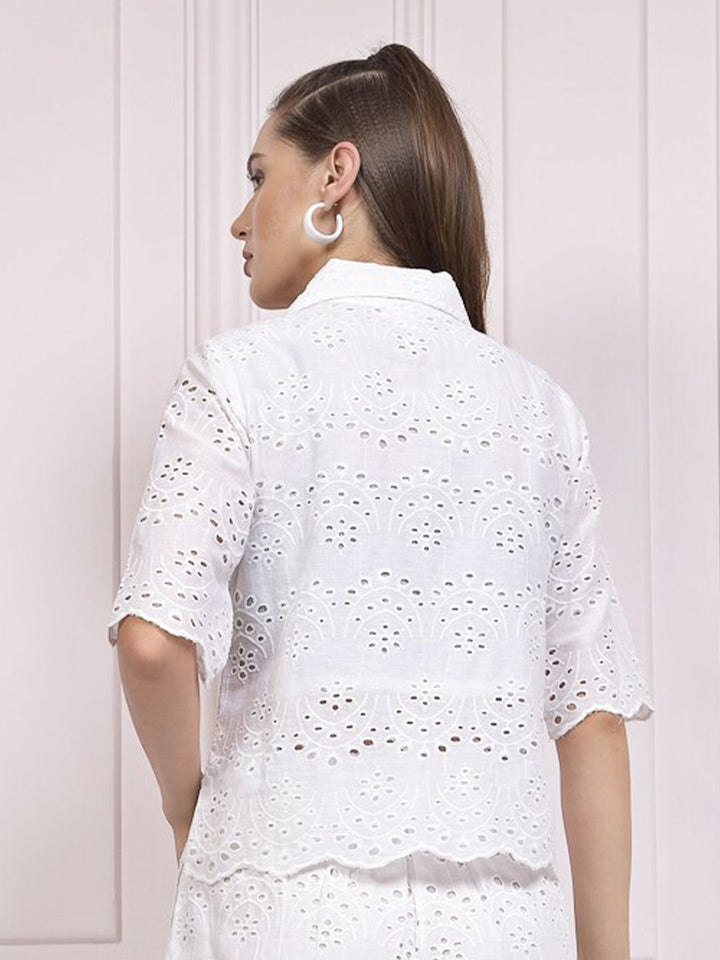 Athena Self Design Shirt Collar Schiffli Cotton Shirt Style Top