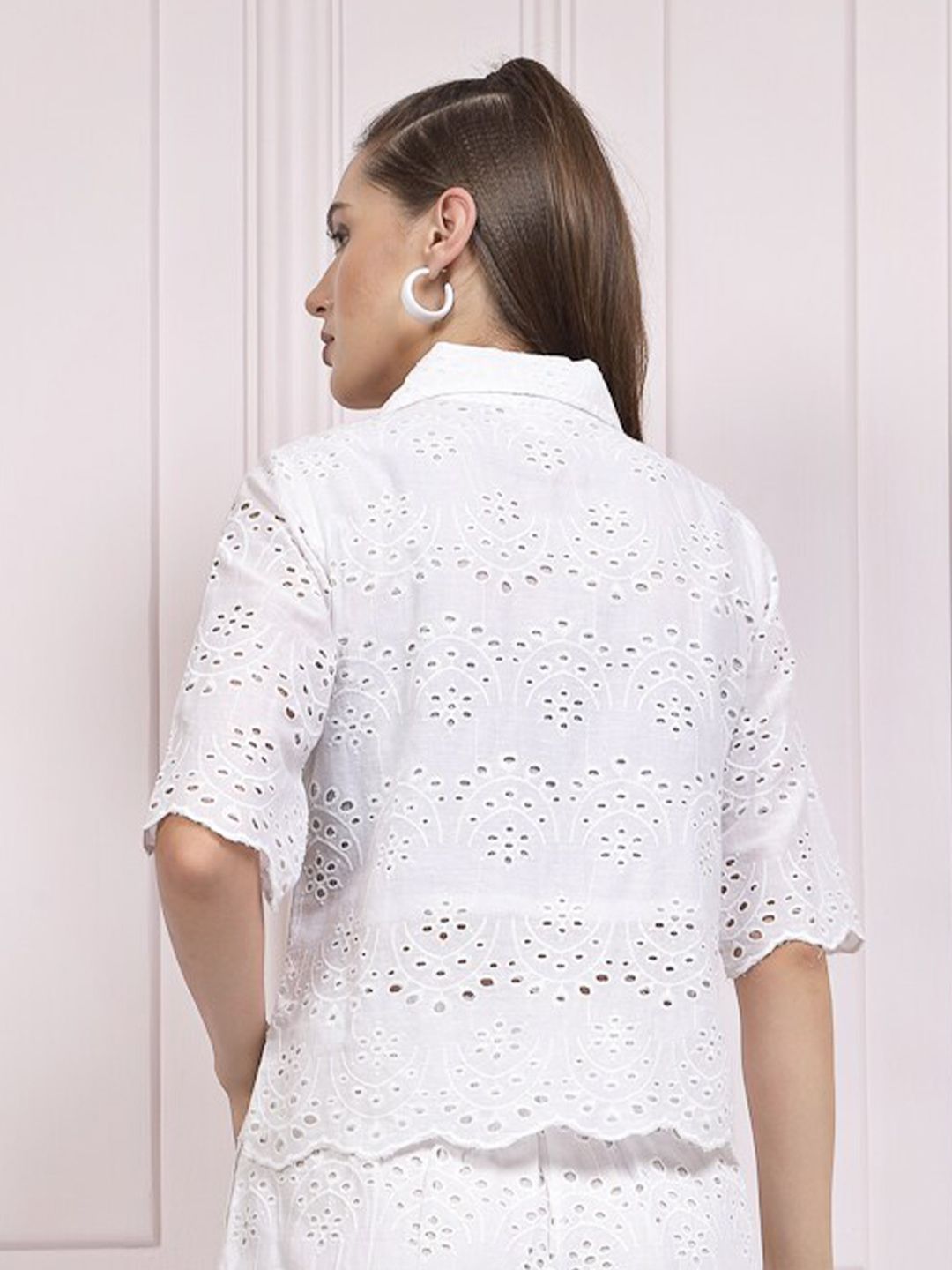 Athena Self Design Shirt Collar Schiffli Cotton Shirt Style Top