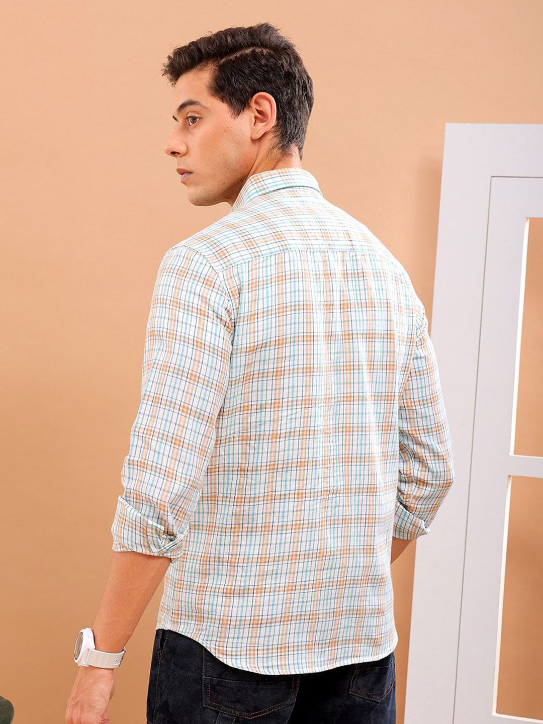The Indian Garage Co Slim Fit Checked Spread Collar Pure Cotton Casual Shirt