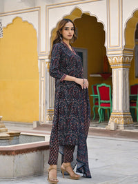 KALINI Floral Printed Pleated Straight Kurta With Trousers & Dupatta