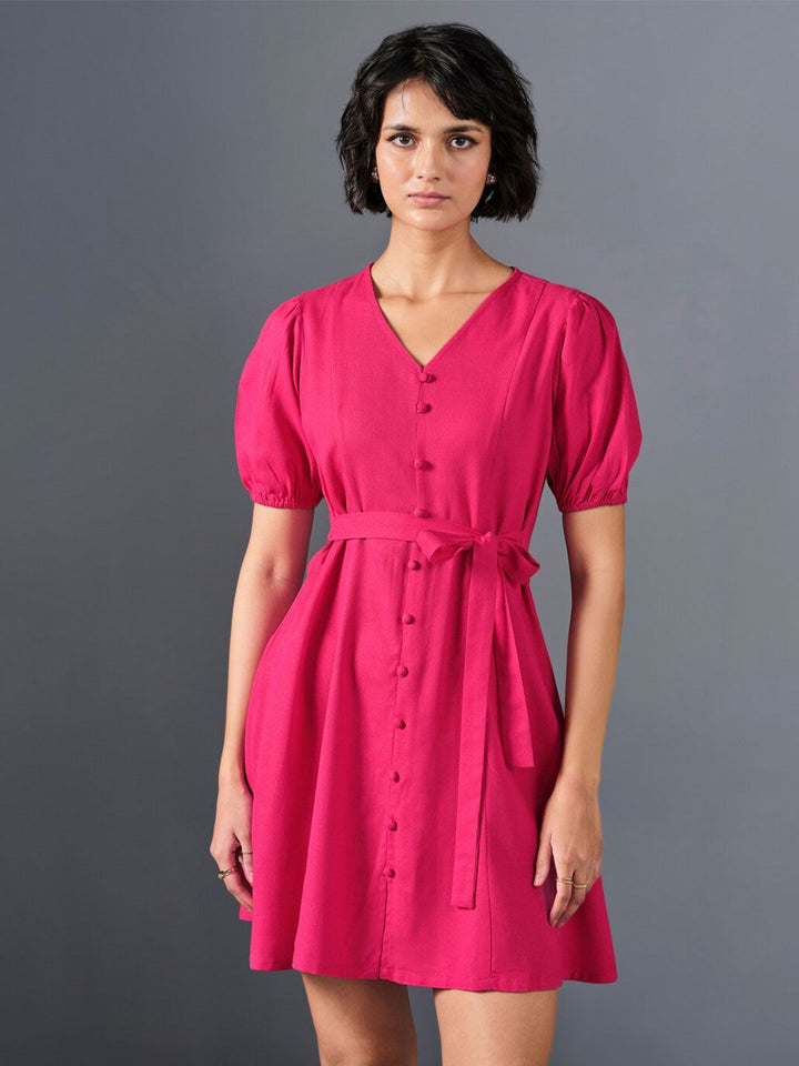 AND V-Neck Puff Sleeve A-Line Dress