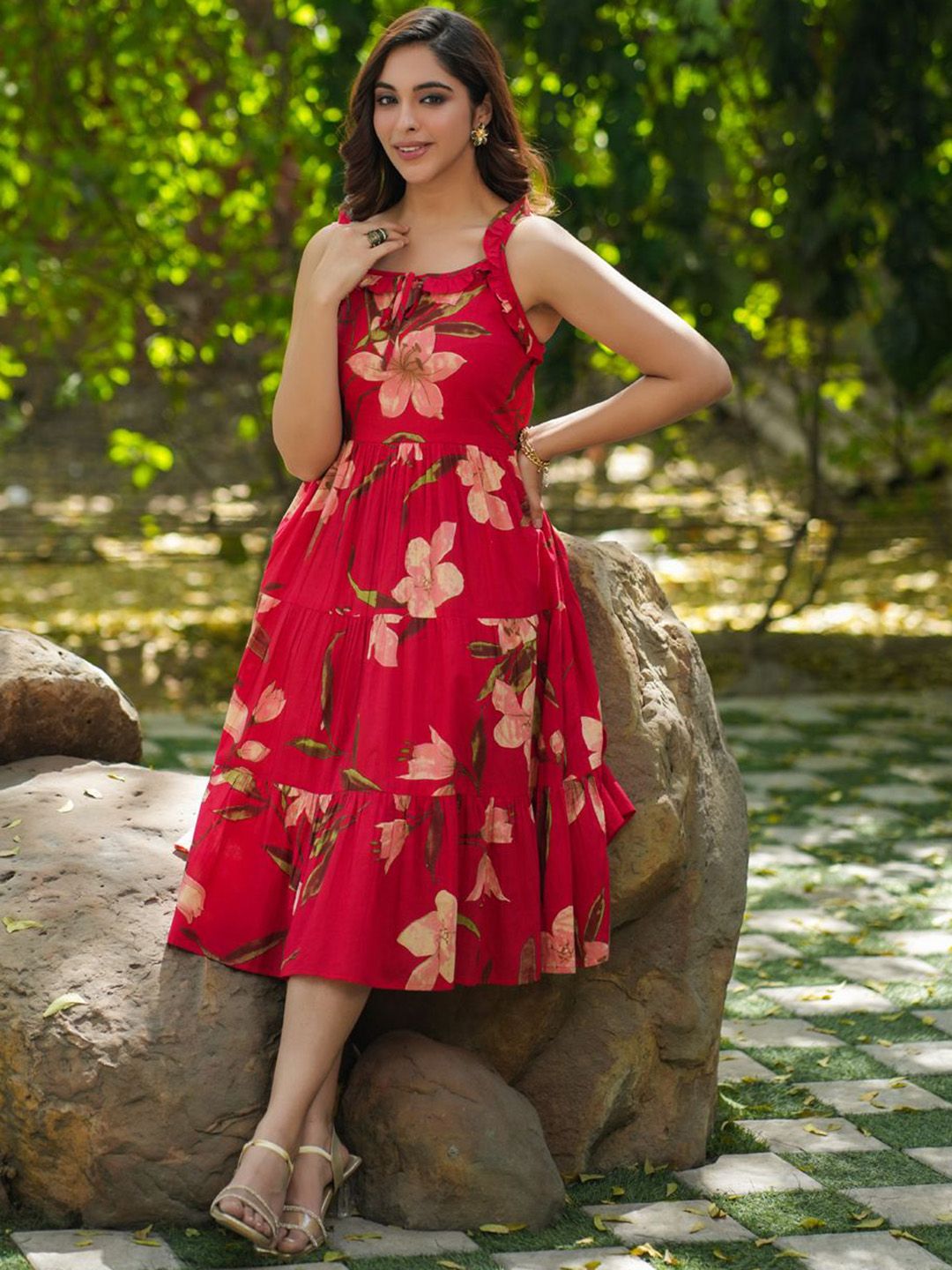 Rain & Rainbow Floral Printed Shoulder Straps Pure Cotton Fit & Flared Midi Dresses