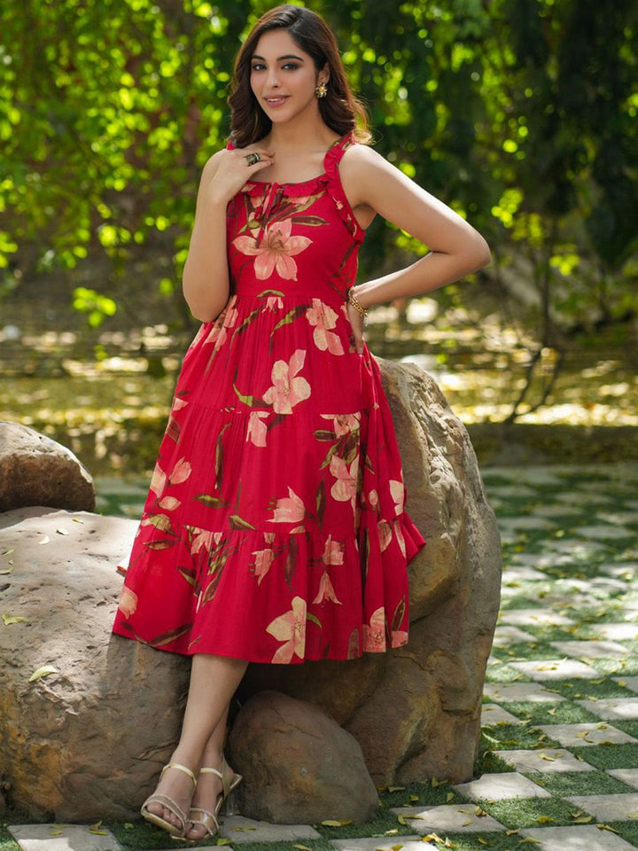 Rain & Rainbow Floral Printed Shoulder Straps Pure Cotton Fit & Flared Midi Dresses