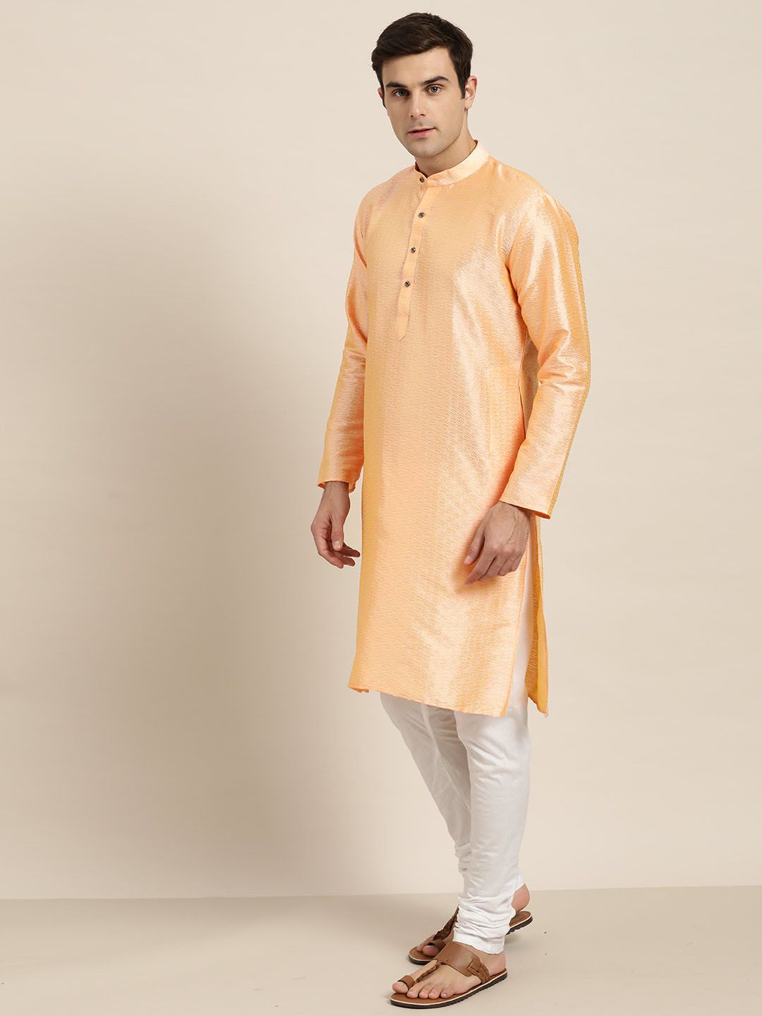 SOJANYA Men Peach-Coloured Woven Design Straight Kurta
