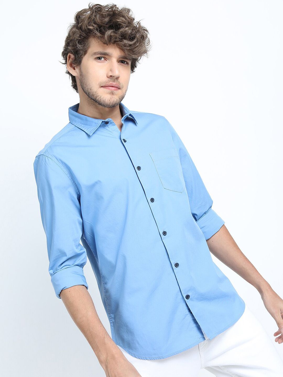 LOCOMOTIVE Men Blue Slim Fit Casual Cotton Shirt