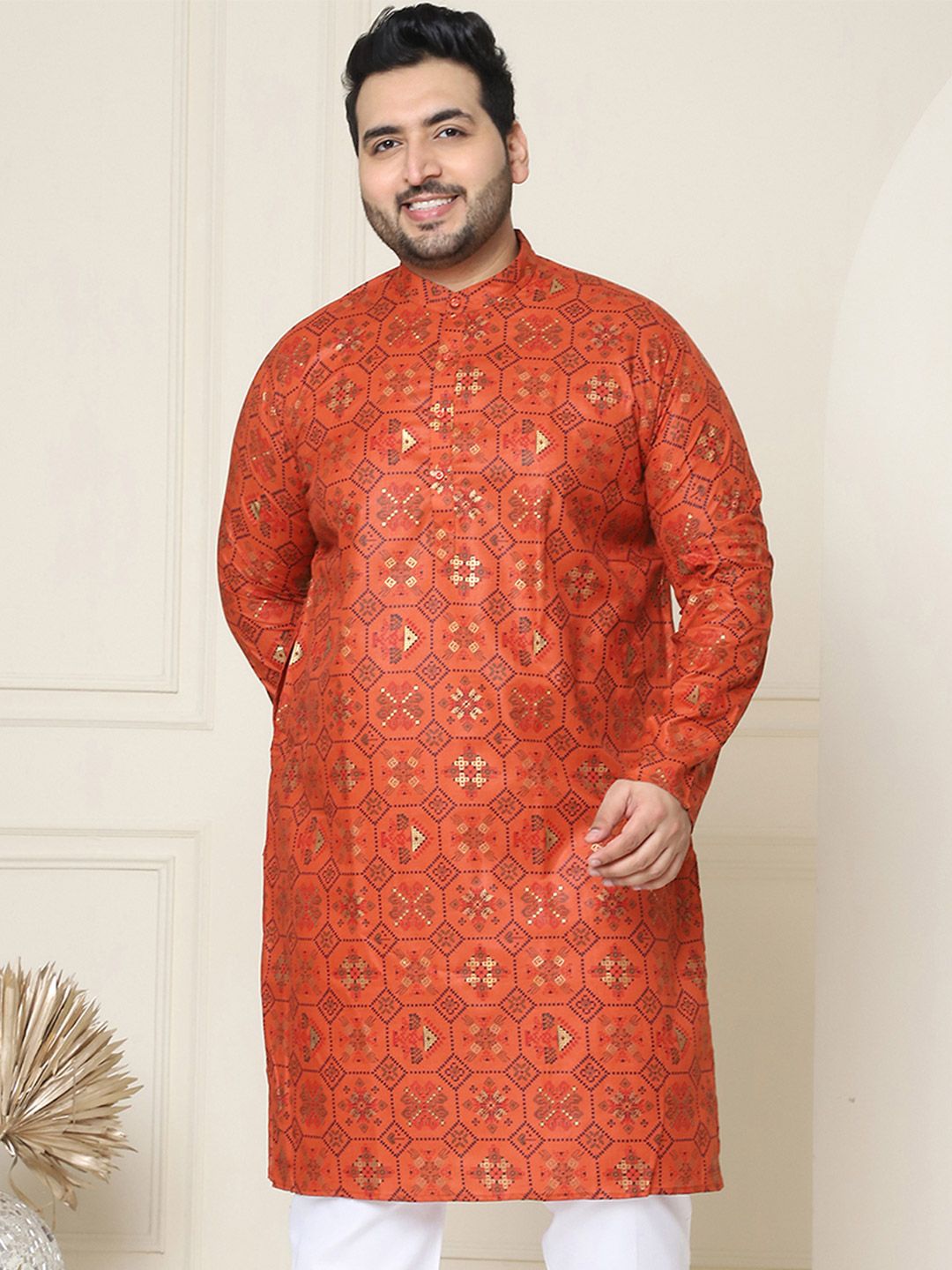 SOJANYA PLUS Saiz Motif Etnik Cetakan Tenun Rekaan Band Kolar Kurta Lurus Zari