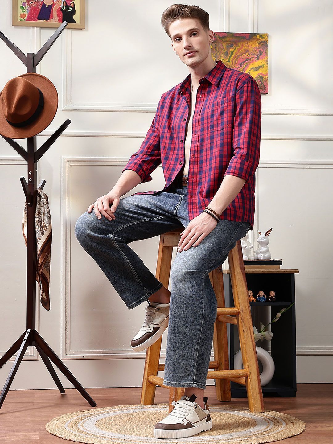 Eszett Checked Spread Collar Pure Cotton Casual Shirt