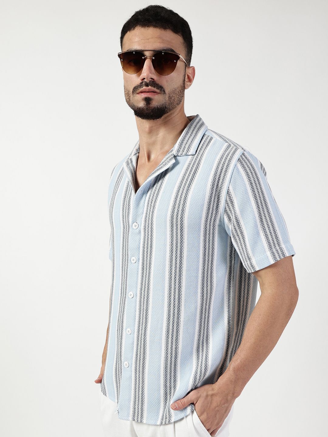 Thomas Scott Men Premium Spread Collar Vertical Striped Cotton Slim Fit Casual Shirt