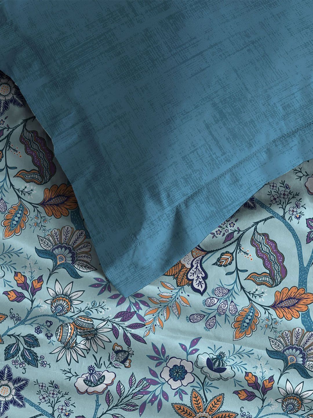 MYTRIDENT Chintz Blue Celebration Flat 144TC Queen Pure Cotton 1 Bedsheet with 2 Pillow Covers