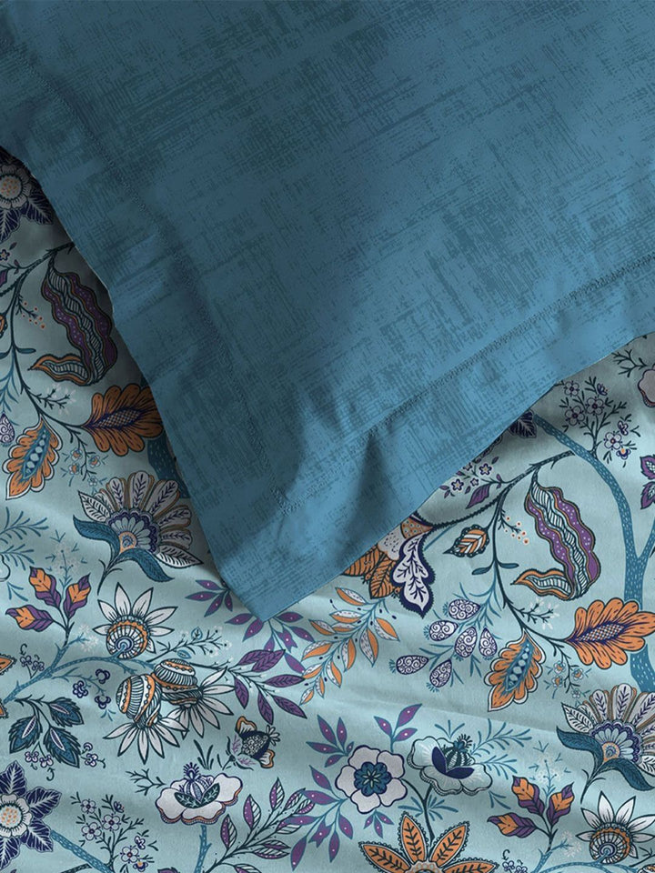 MYTRIDENT Chintz Blue Celebration Flat 144TC Queen Pure Cotton 1 Bedsheet with 2 Pillow Covers