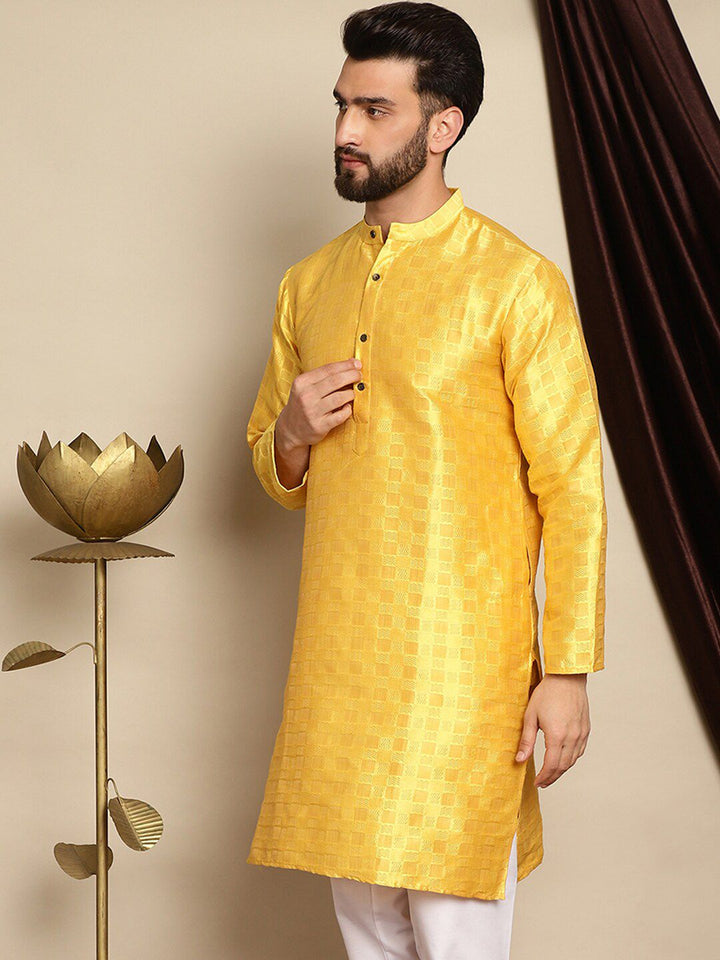 Anouk Yellow Geometric Woven Design Band Collar Jaquard Silk Straight Kurta
