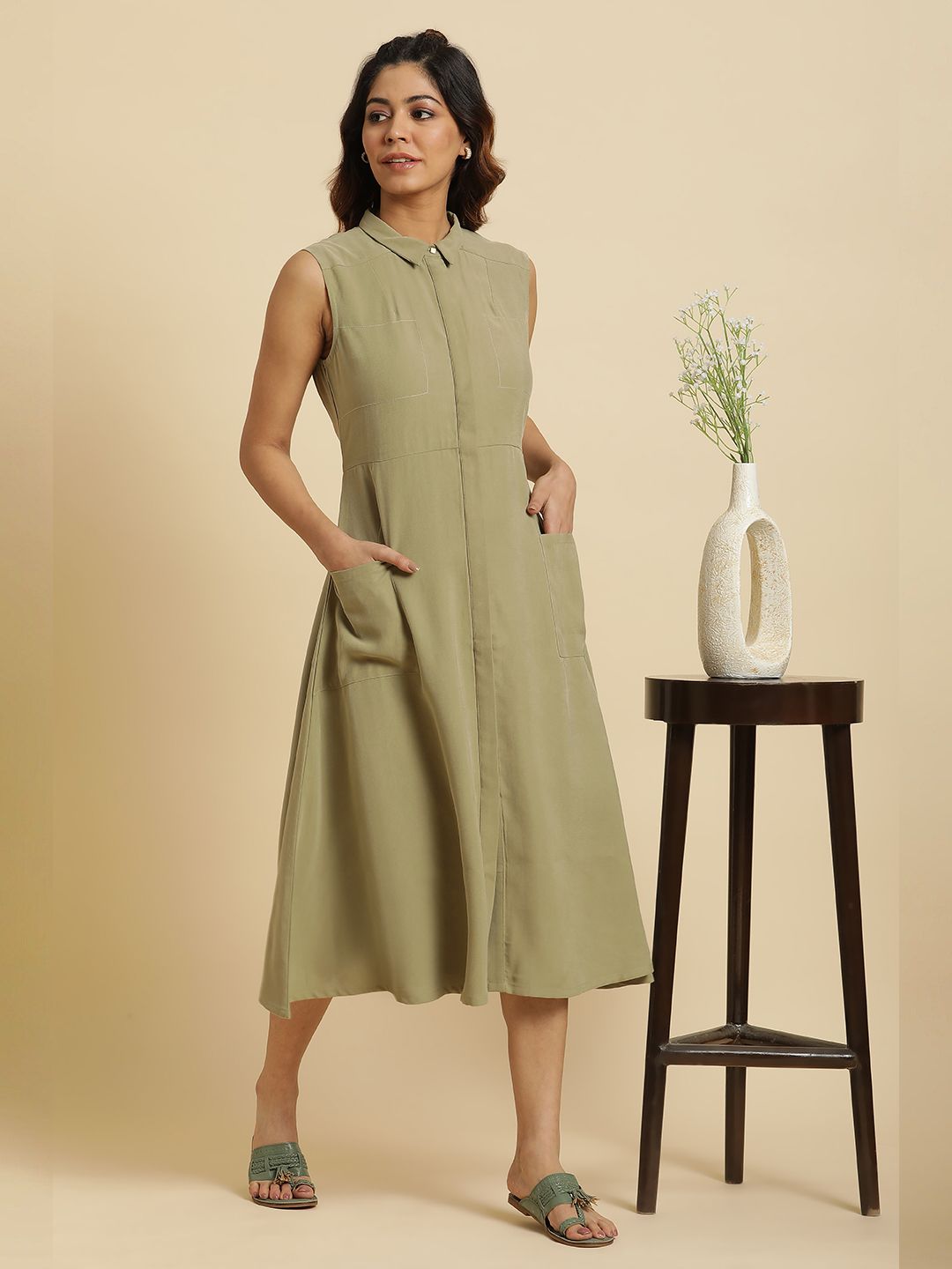 W Shirt Collar A-Line Dress