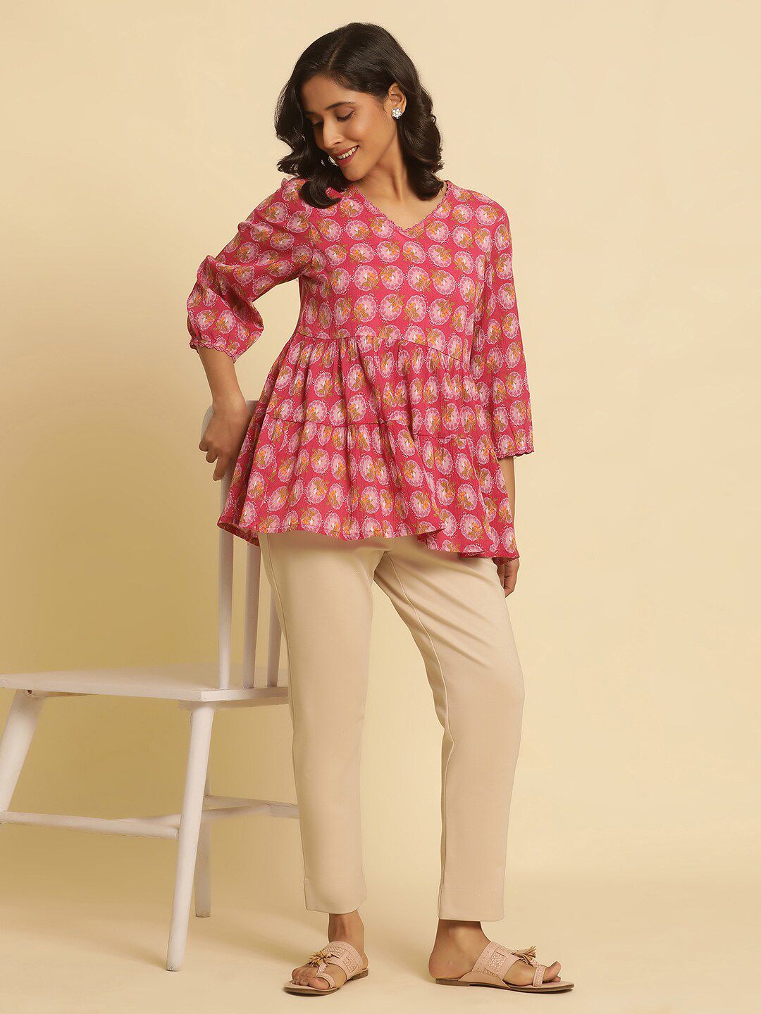 W Floral Printed V-Neck Pure Cotton Top