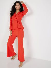 SASSAFRAS Self Design V-Neck Puff Sleeves Peplum Top With Trousers