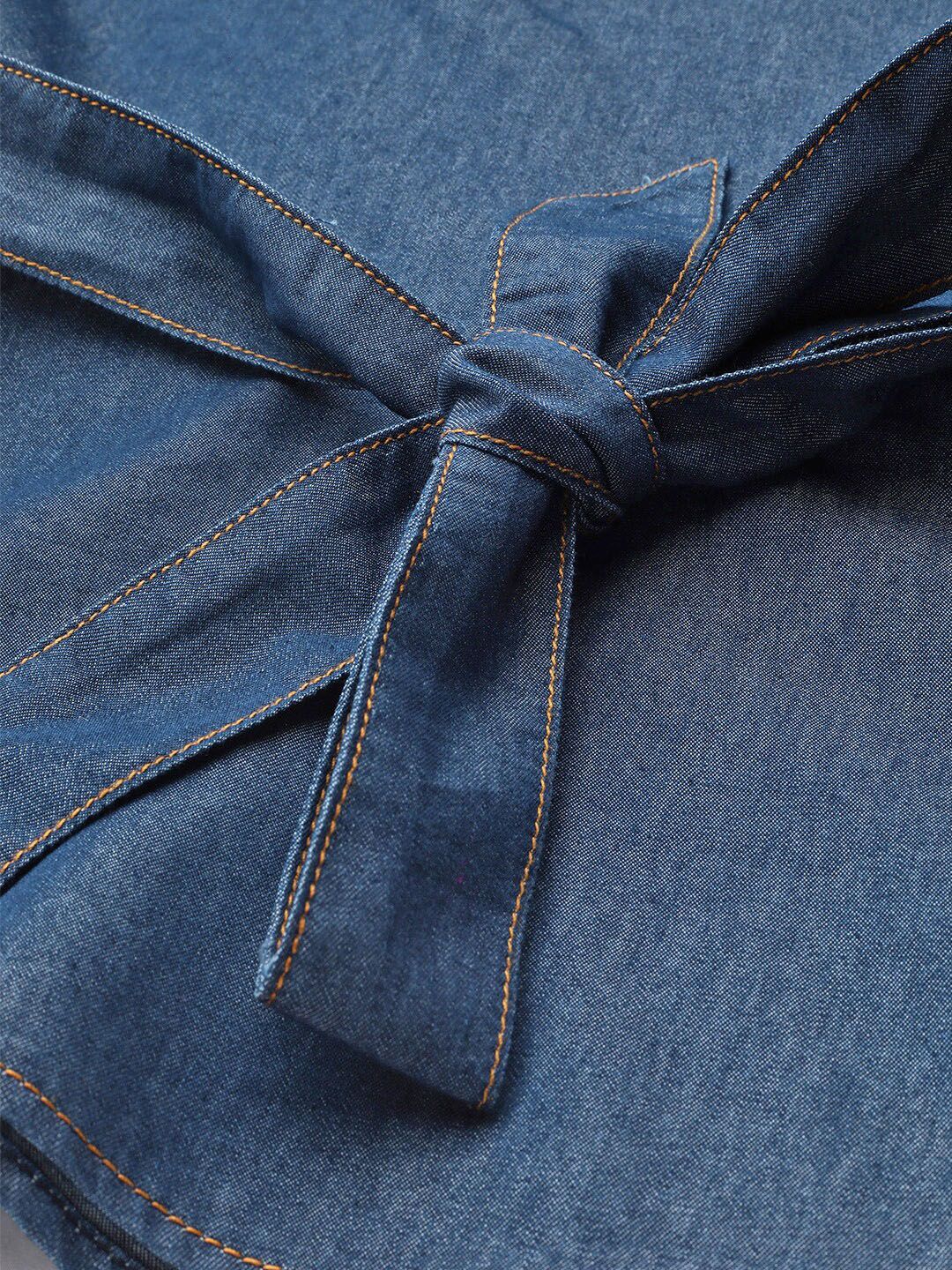 STREET 9 Navy Blue Solid One Shoulder Indigo Pure Cotton Denim Regular Top with Belt