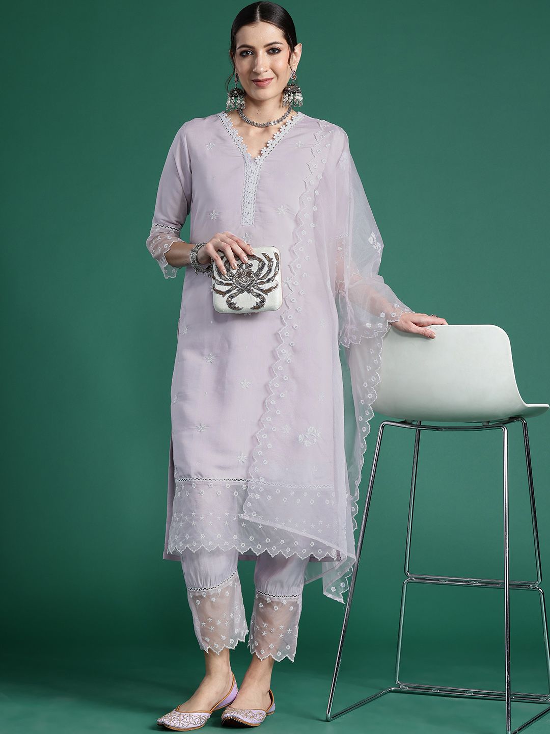 Indo Era Women Floral Embroidered Regular Thread Work Kurta with Trousers & With Dupatta
