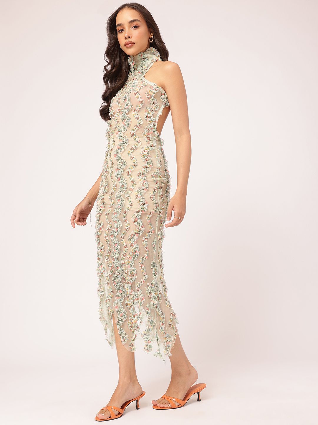DressBerry Modern Vintage Ruffle Trims Sheer Net Backless Midi Dress
