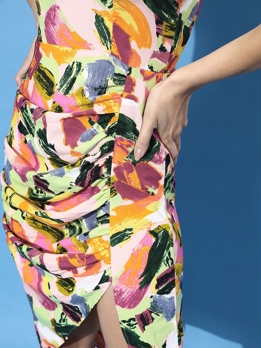 Berrylush Women Striking Multi-Coloured Abstract Ruched Dress