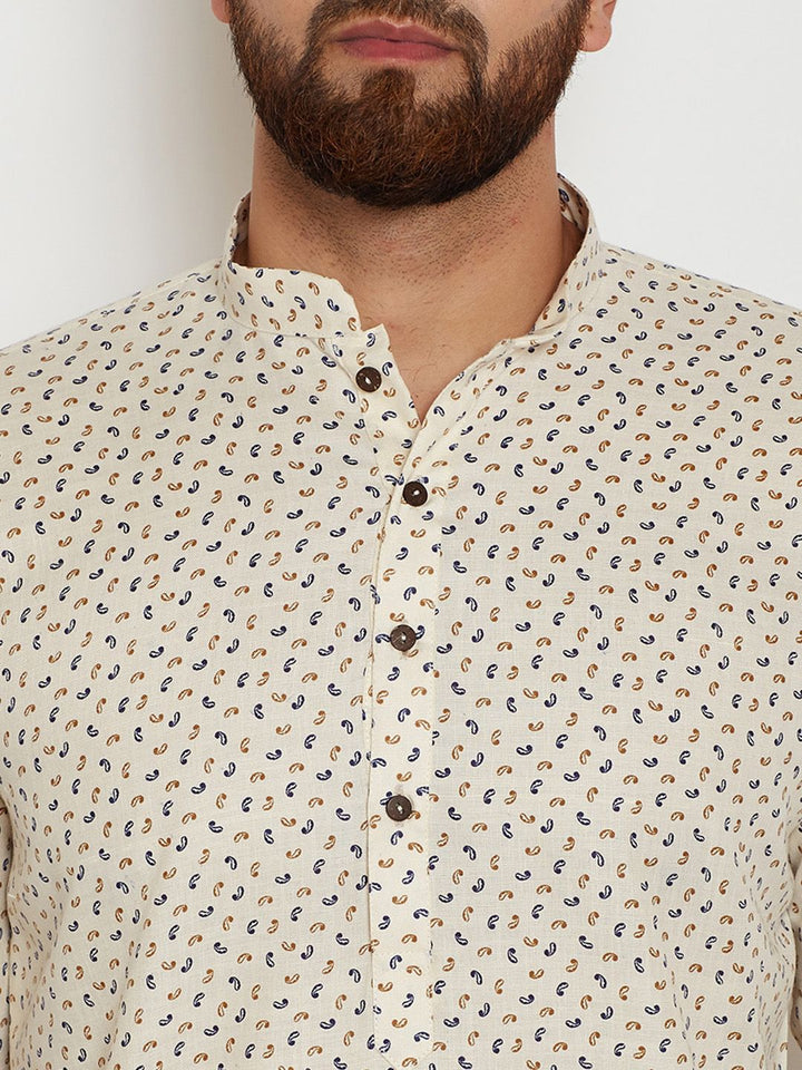 SOJANYA Lelaki Berwarna Krim & Navy Blue Printed Kurta Lurus