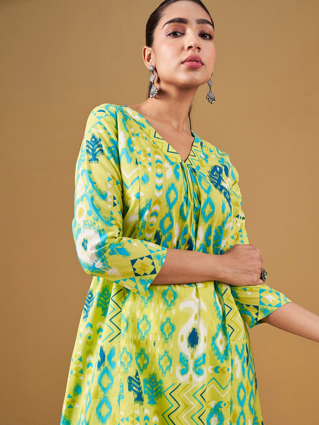 Global Desi Ethnic Motifs Printed V-Neck Cotton A-Line Kurta
