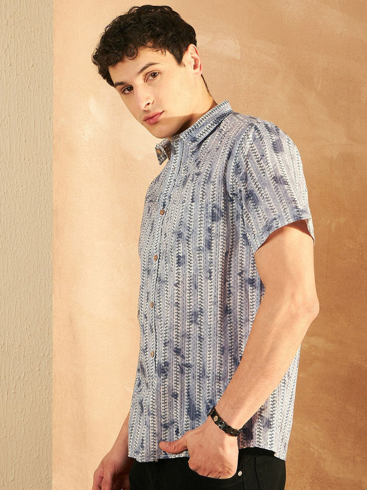 DENNISON Smart Printed Spread Collar Short Sleeves Cotton Lightweight Shirt