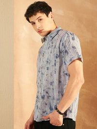 DENNISON Smart Printed Spread Collar Short Sleeves Cotton Lightweight Shirt