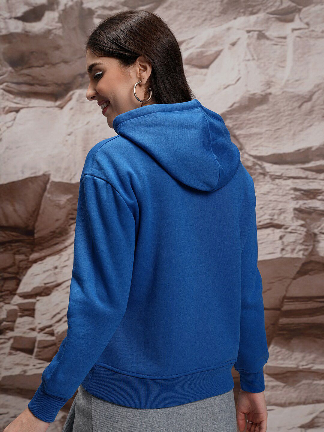 Tokyo Talkies Blue Typography Printed Hooded Relaxed Fit Sweatshirt