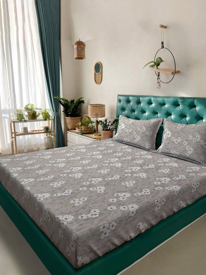 Myntra Elegant Homes Grey Floral Pure Cotton 400 TC King Superfine Bedsheet with 2 Pillow Covers-98 x 89 inches