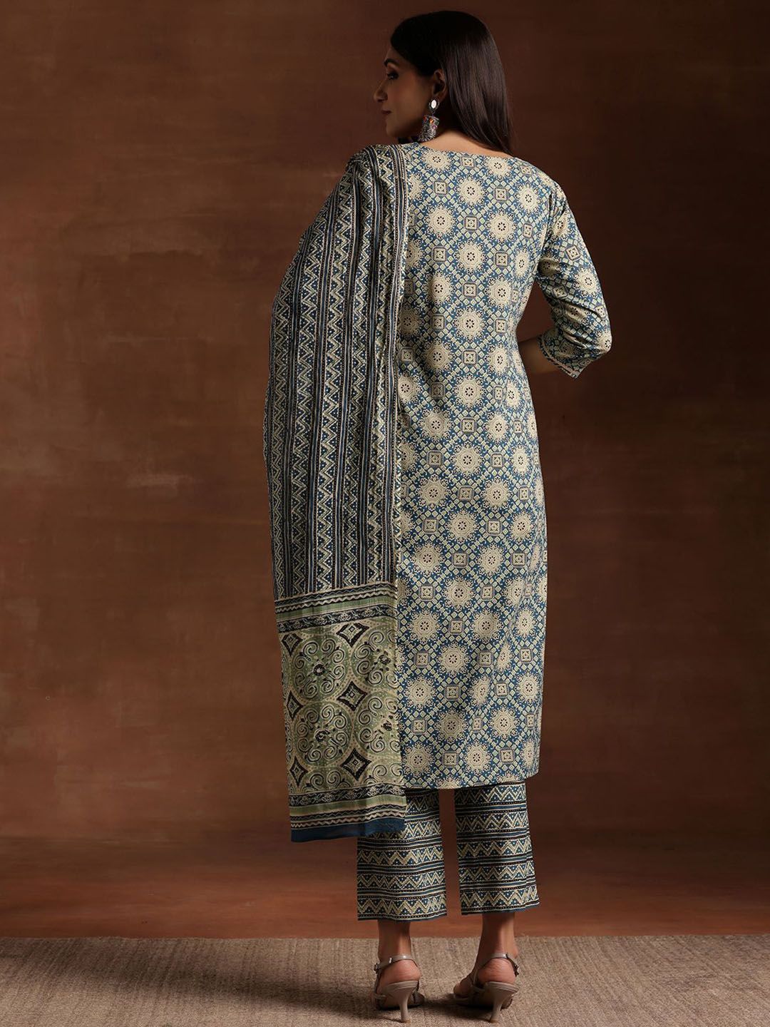 Libas Blue & Beige Ethnic Printed Sweetheart Neck Cotton Kurta with Trousers & Dupatta