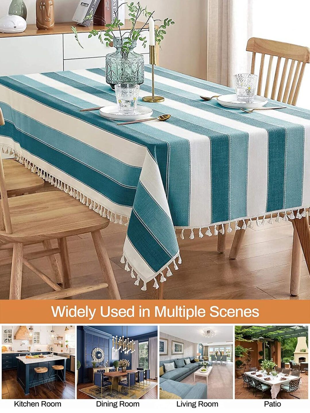 URBAN SPACE Green & White 6 Seater Striped Table Cloth