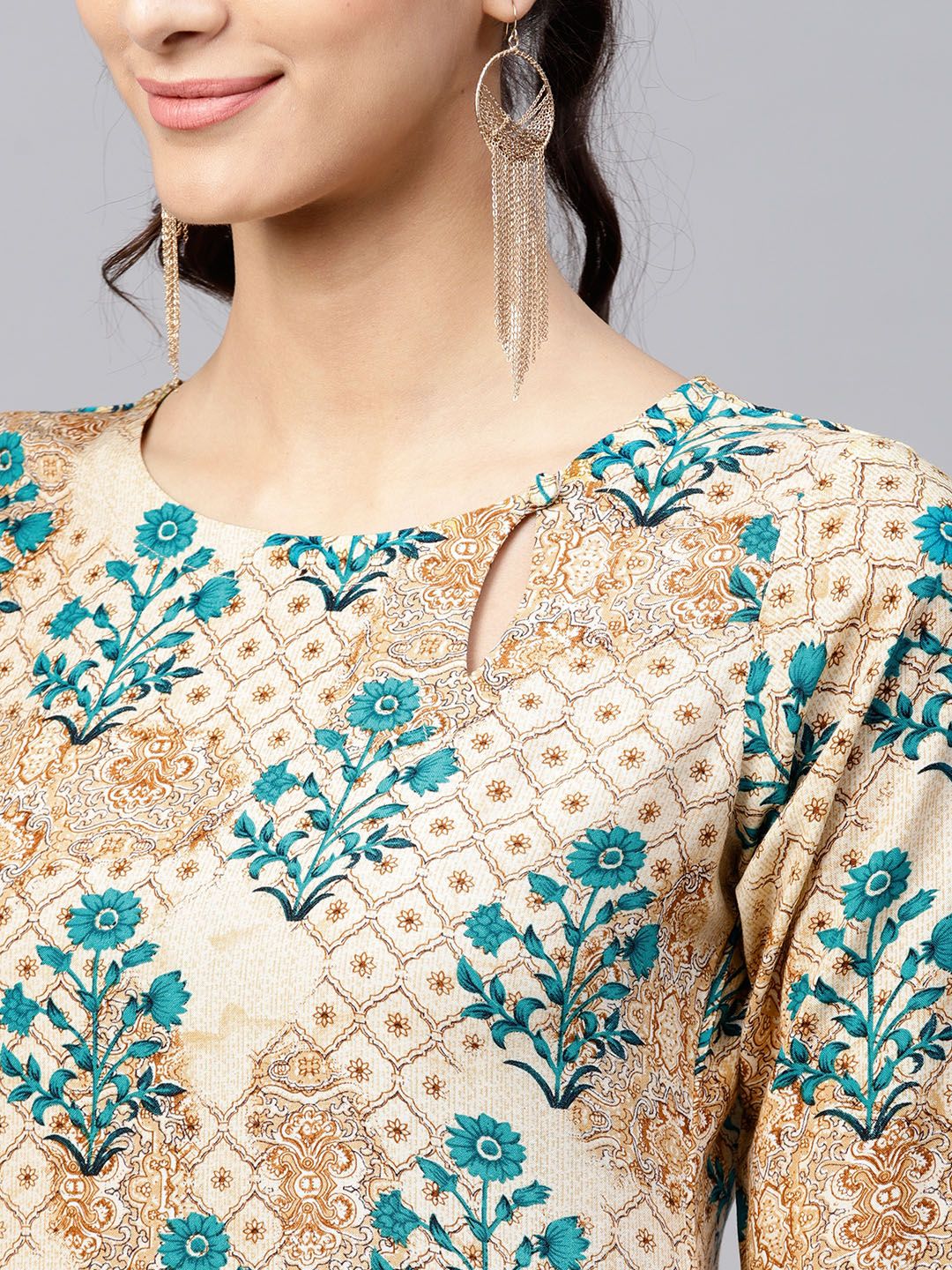 Gerua By Libas Women Beige  Teal Green Printed Straight Kurta