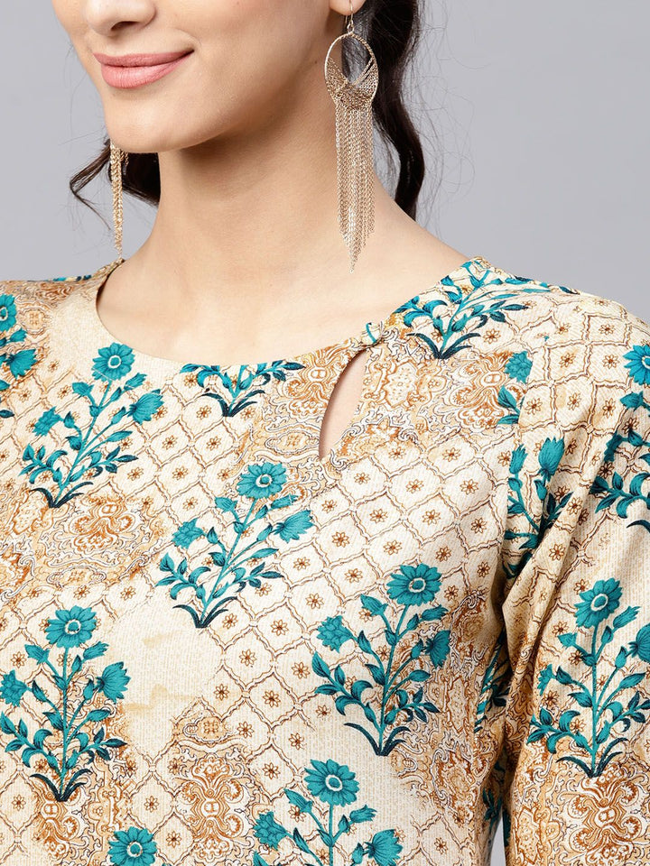 Gerua By Libas Women Beige  Teal Green Printed Straight Kurta
