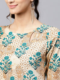 Gerua By Libas Women Beige  Teal Green Printed Straight Kurta