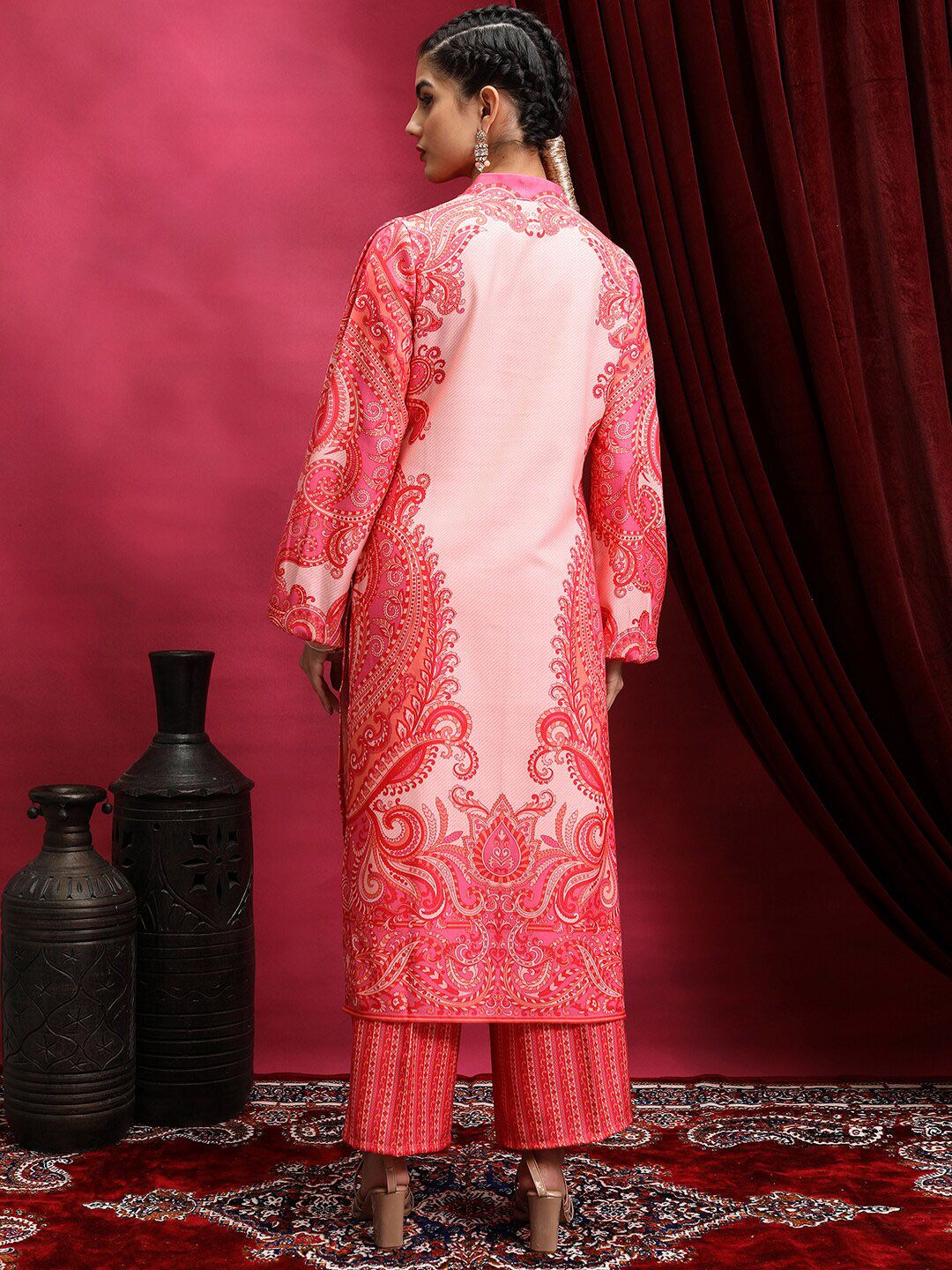 Vishudh Pink Ethnic Motifs Printed V-Neck Straight Kurta with Palazzos