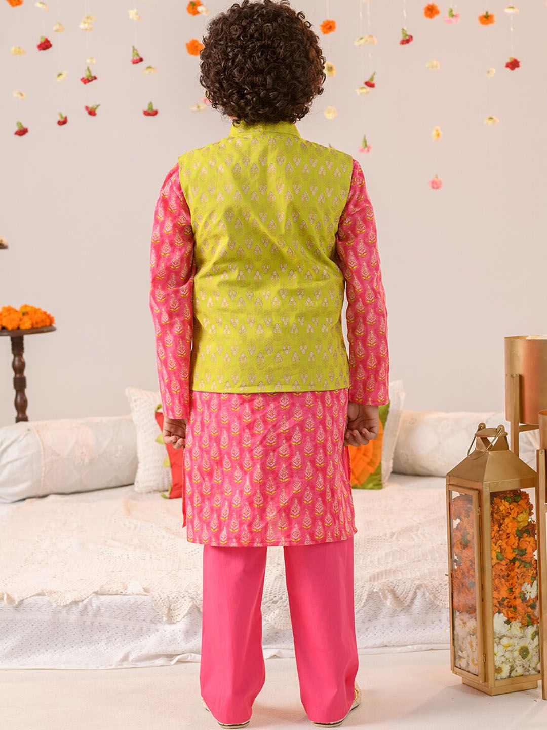 pspeaches Boys Ethnic Motifs Printed Pure Cotton Kurta With Pyjamas And Nehru Jacket