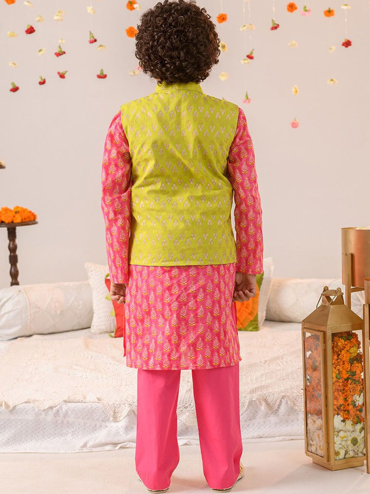 pspeaches Boys Ethnic Motifs Printed Pure Cotton Kurta With Pyjamas And Nehru Jacket