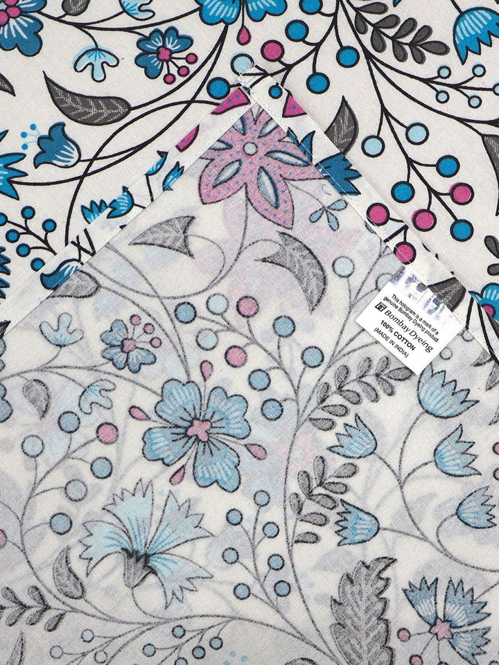 BOMBAY DYEING Cardinal Blue Floral Printed Cotton 120 TC Queen Bedsheet Set 2.54 x 2.24m