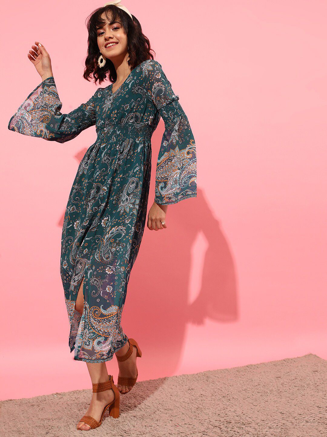 STREET 9 Bell Sleeves Printed Chiffon Midi A-Line Dress