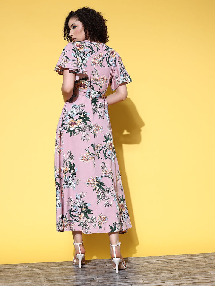 Berrylush Women Pretty Pink Floral Twist & Knot Dress