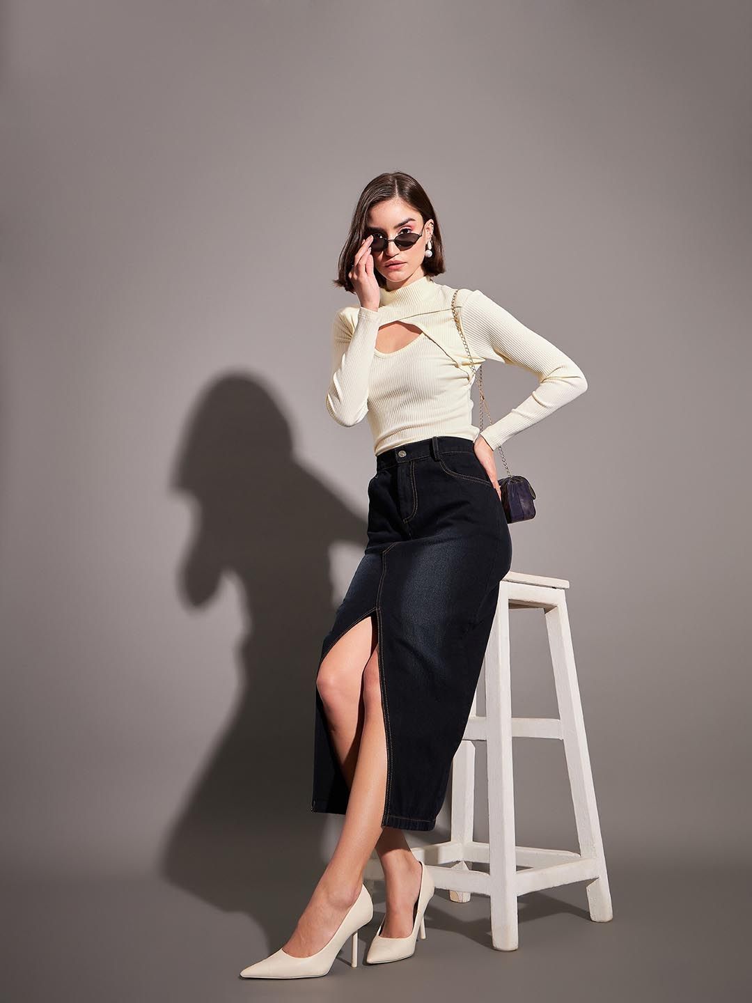 SASSAFRAS Off White Ribbed High Neck Cut Out Regular Top