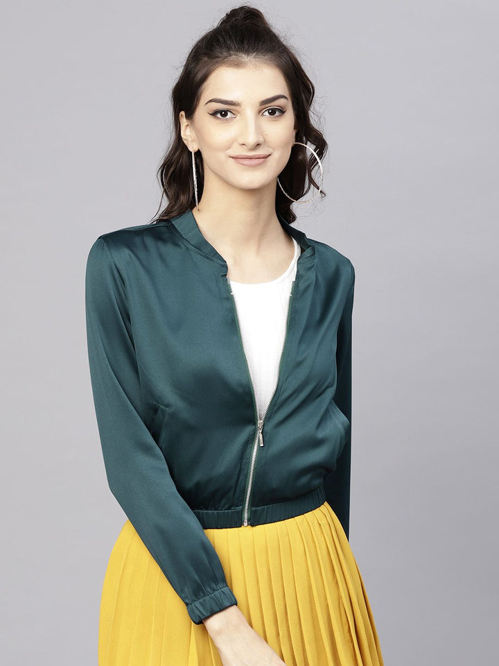 STREET 9 Women Teal Green Solid Satin Cropped Bomber Jacket