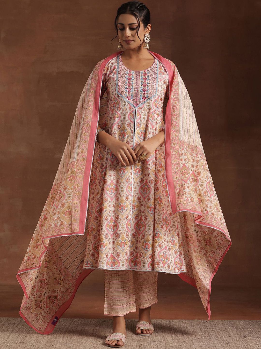 Libas Printed Panelled Gotta Patti Pure Cotton Anarkali Kurta with Palazzos & Dupatta