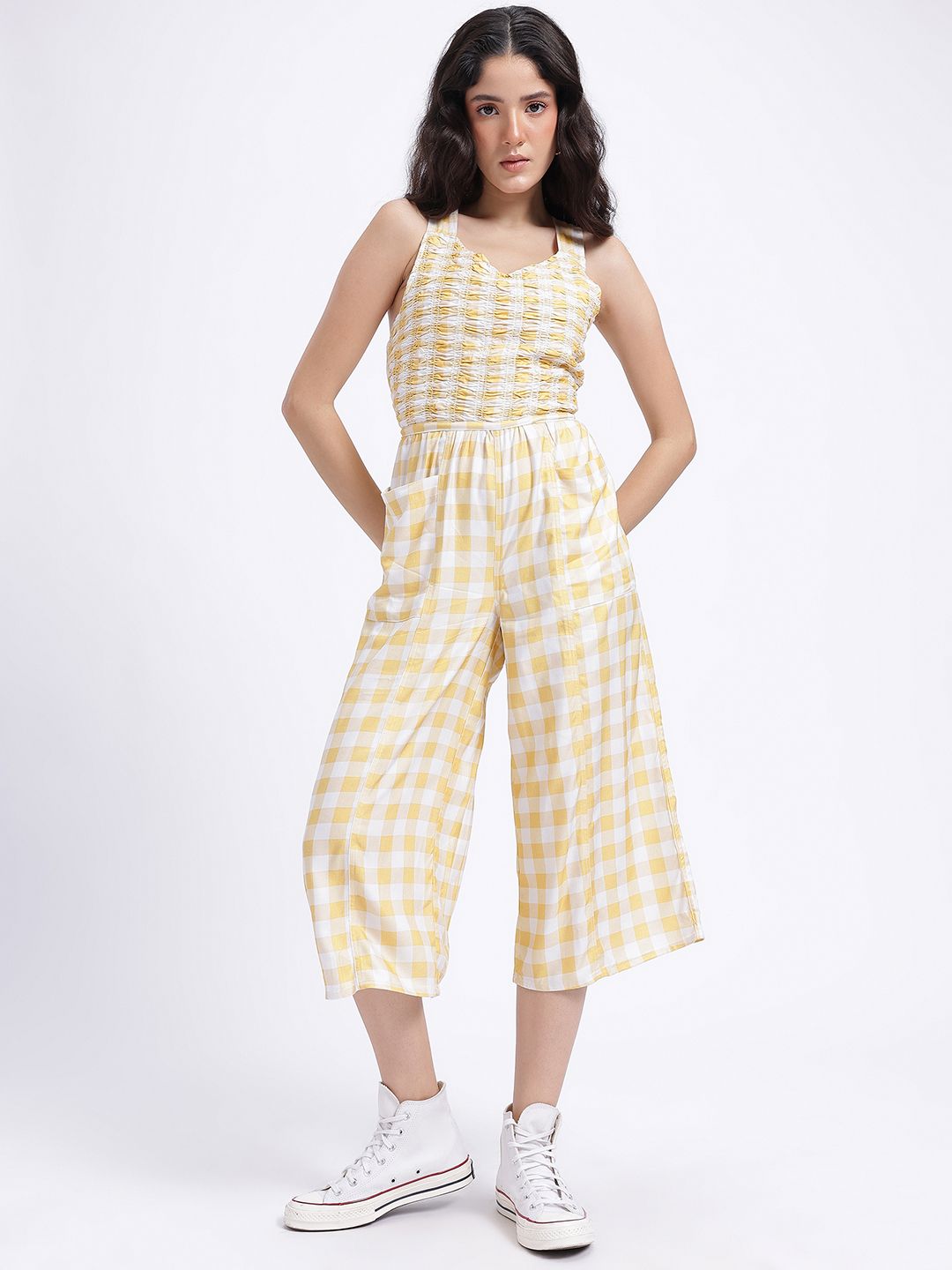 DressBerry Smocked Checked Styled Back Jumpsuit