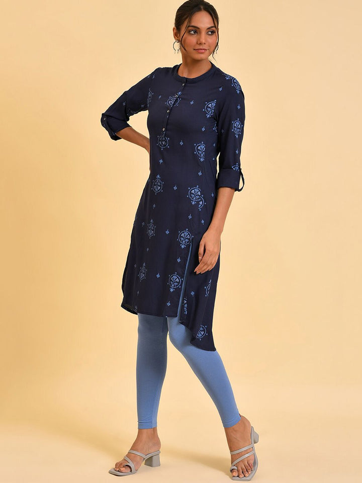 W Navy Blue Ethnic Motifs Printed A-Line Kurta